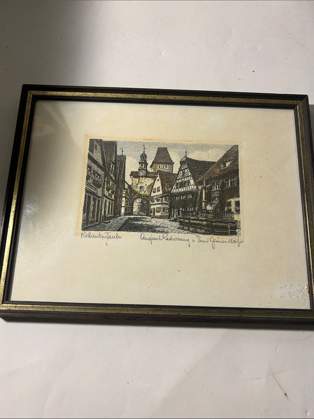 Framed Vintage Street Scene Art Print in Black and Gold Frame Rothenburg Germany